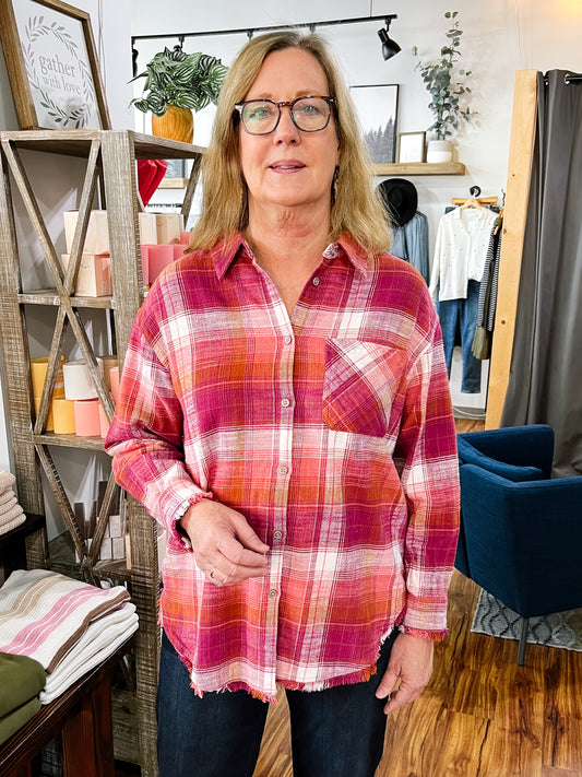 Plum & Rust Plaid Fringe Hem Shirt