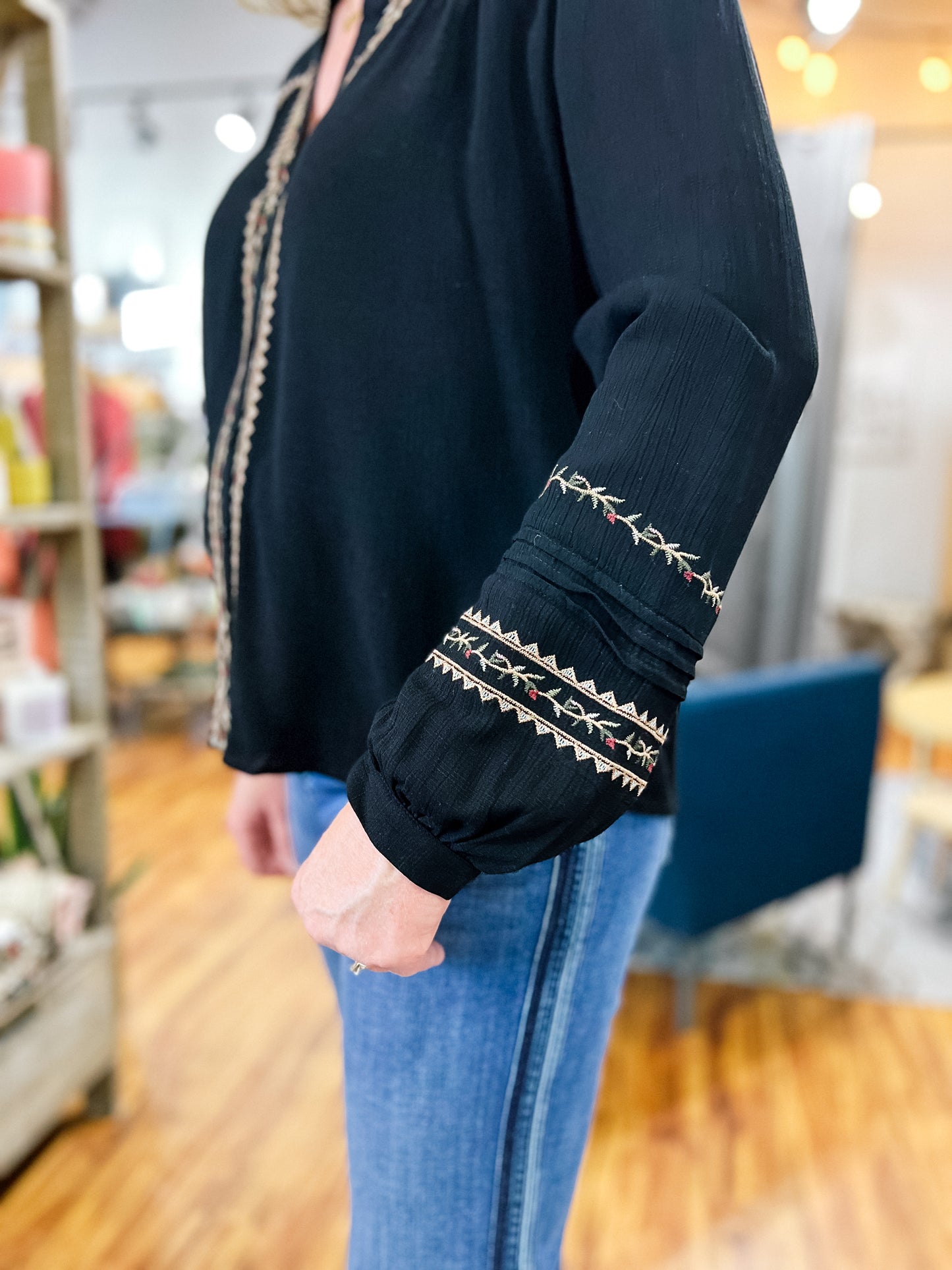 Black W/ Machine Embroidery Floral Top
