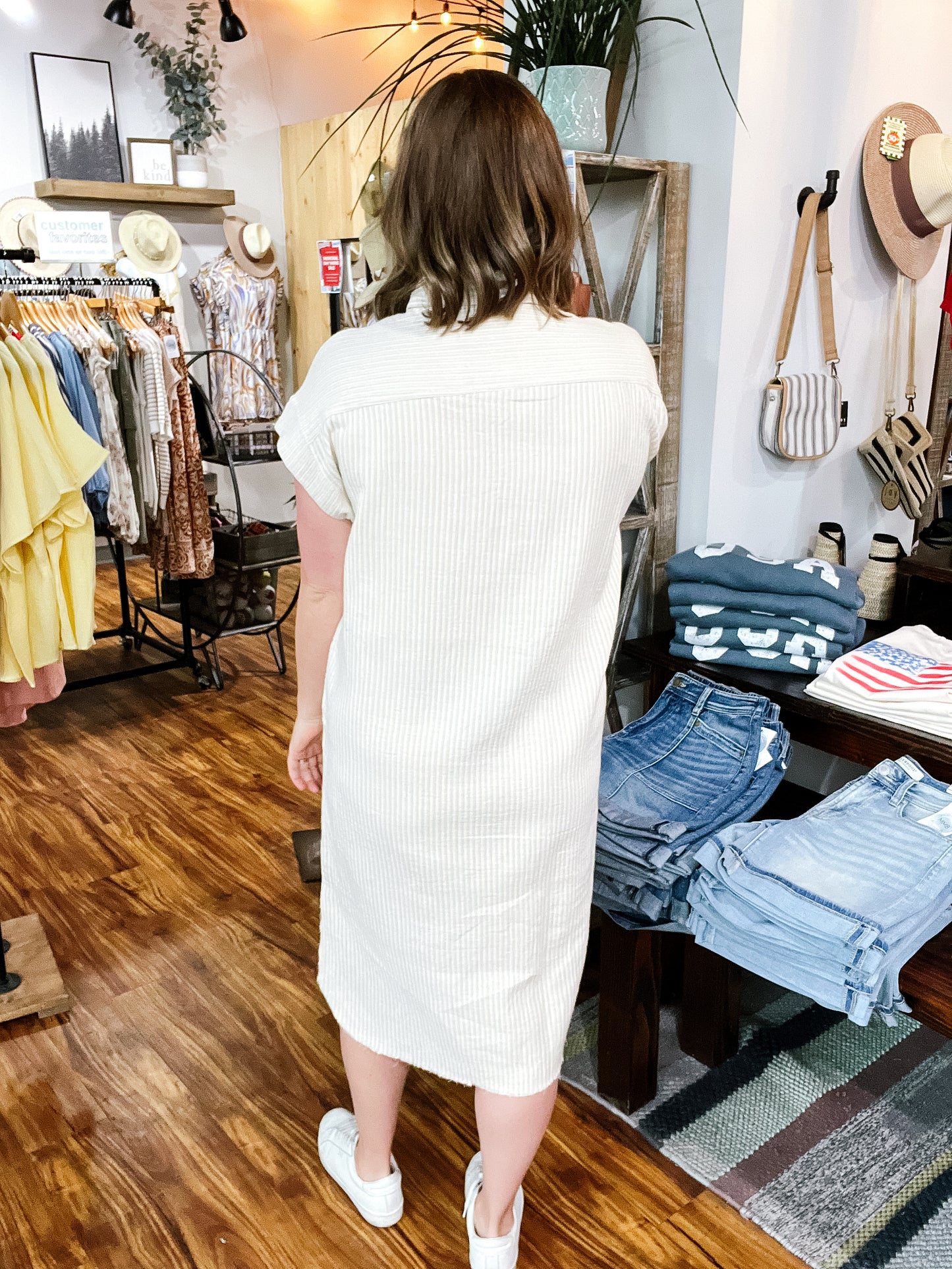 Cream & Tan Stripe Button Front Shirt Dress