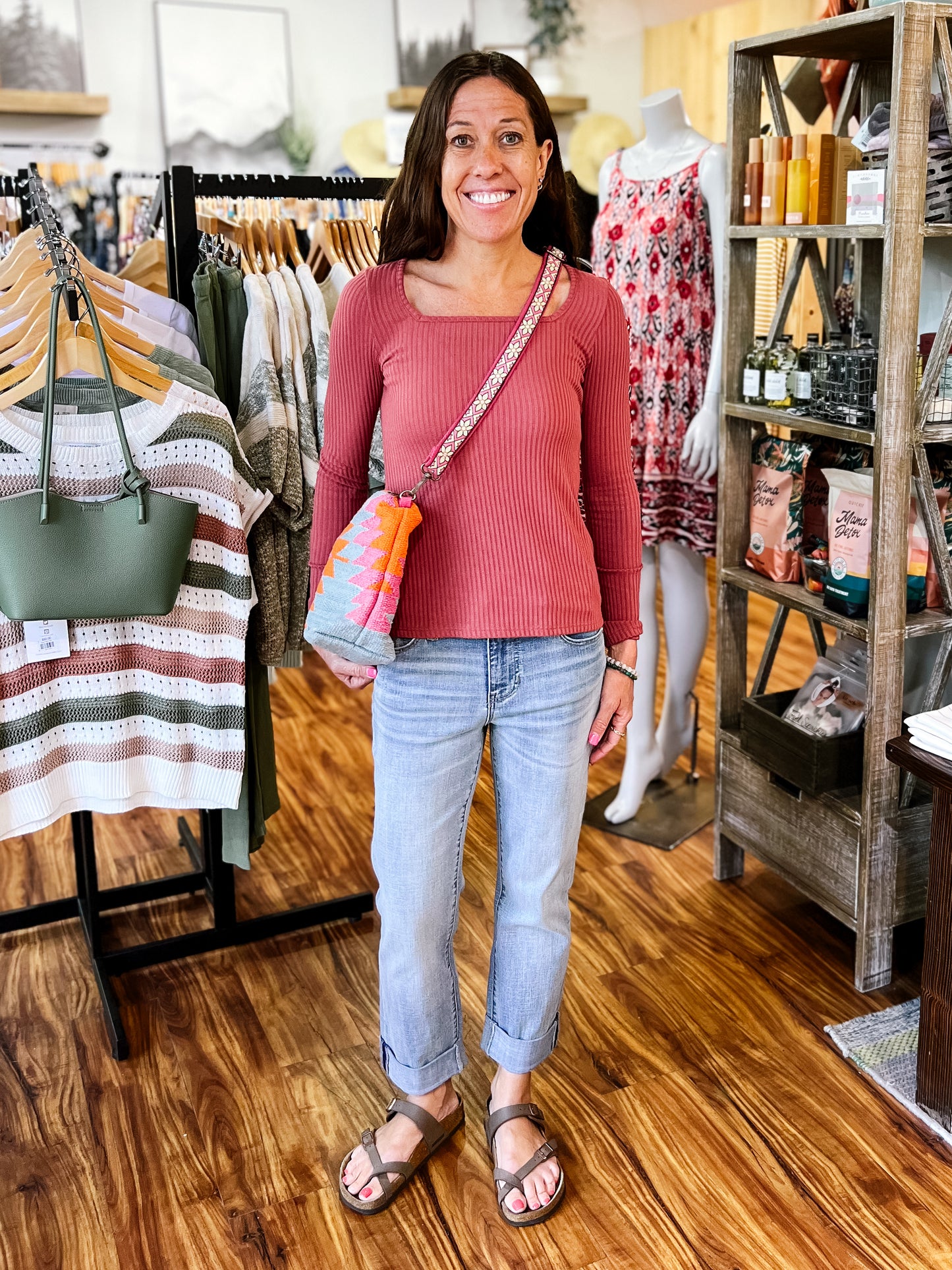 Red Ribbed Square Neck Top