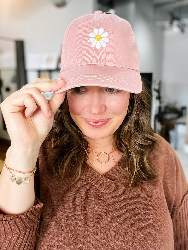 Daisy Embroidered Pink Cap