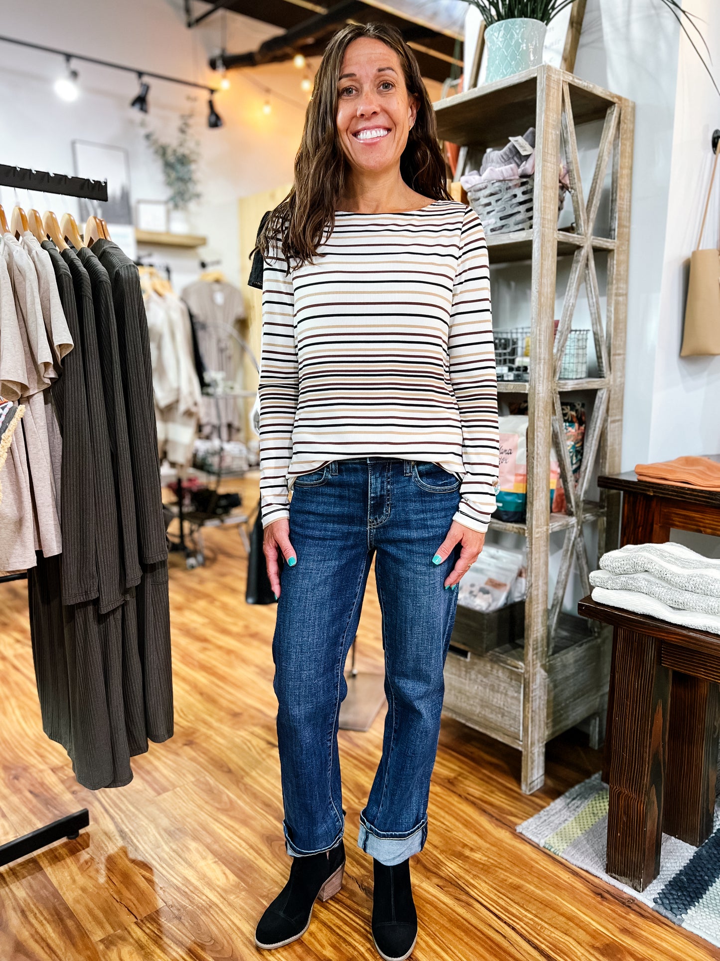 Brown Stripe Boat Neck Top