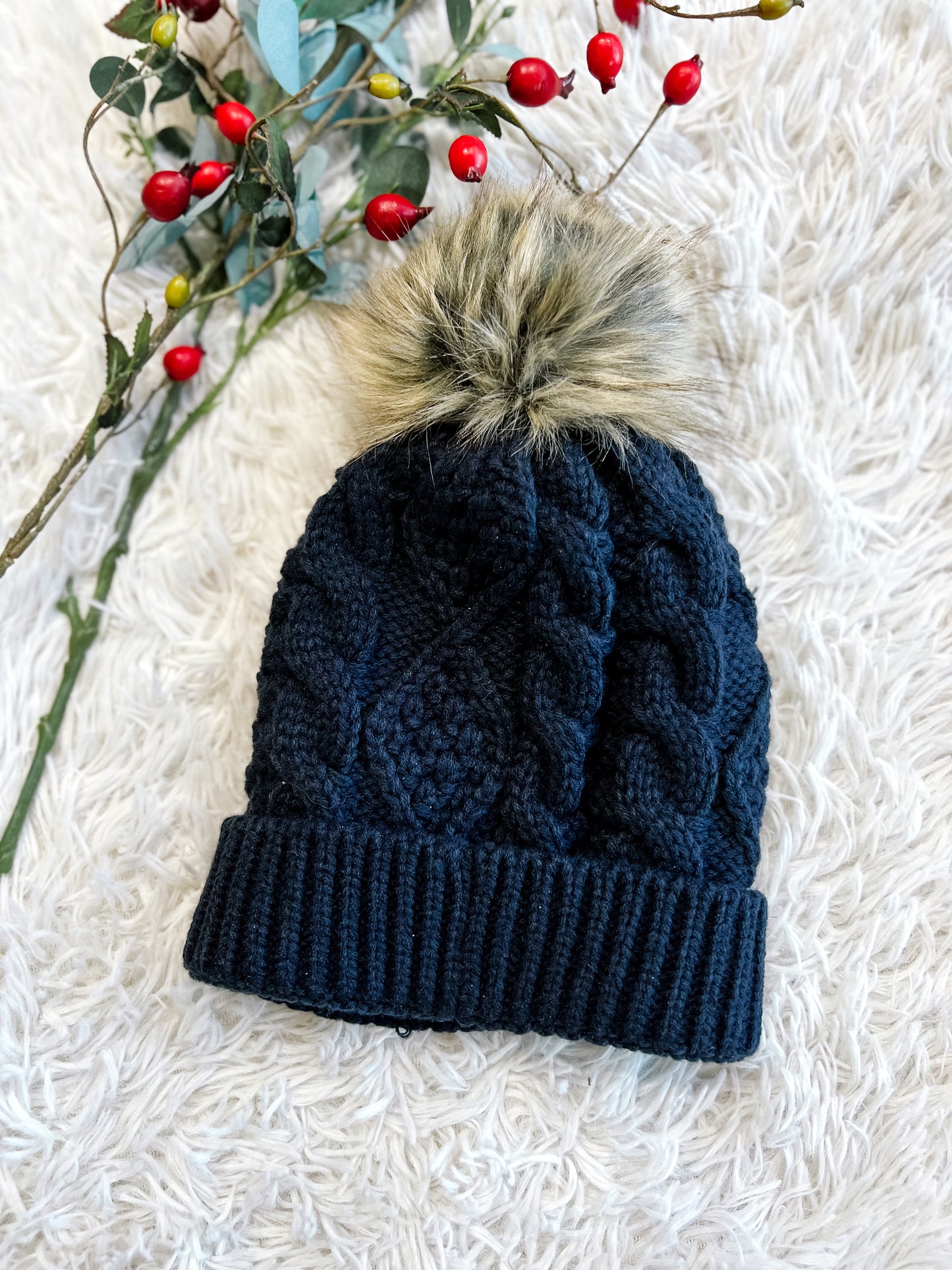 Navy Cable Pom Pom Beanie