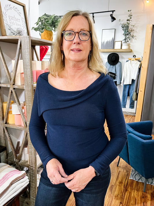 Navy Blue Semi-Off Shoulder Top