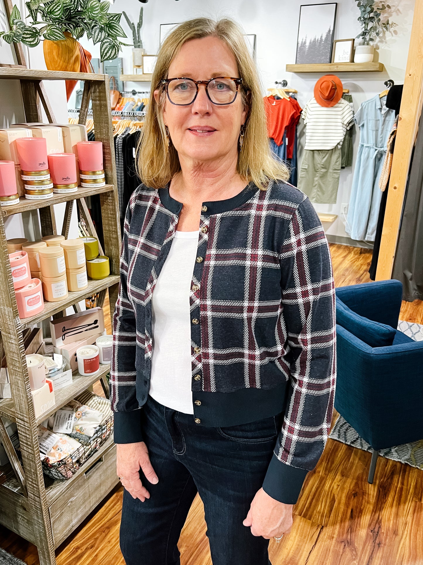 Navy & Red Plaid Cardigan