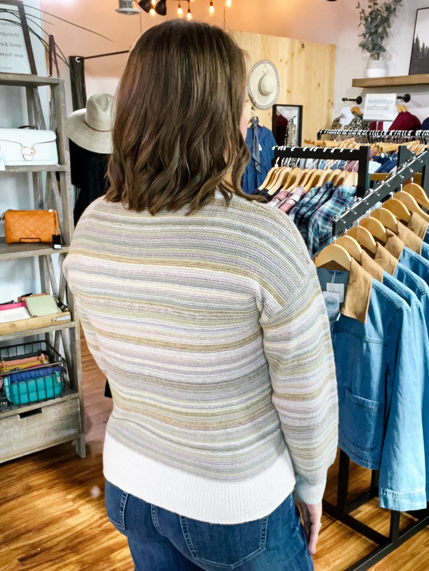 Oatmeal W/Pastel Stripes Sweater