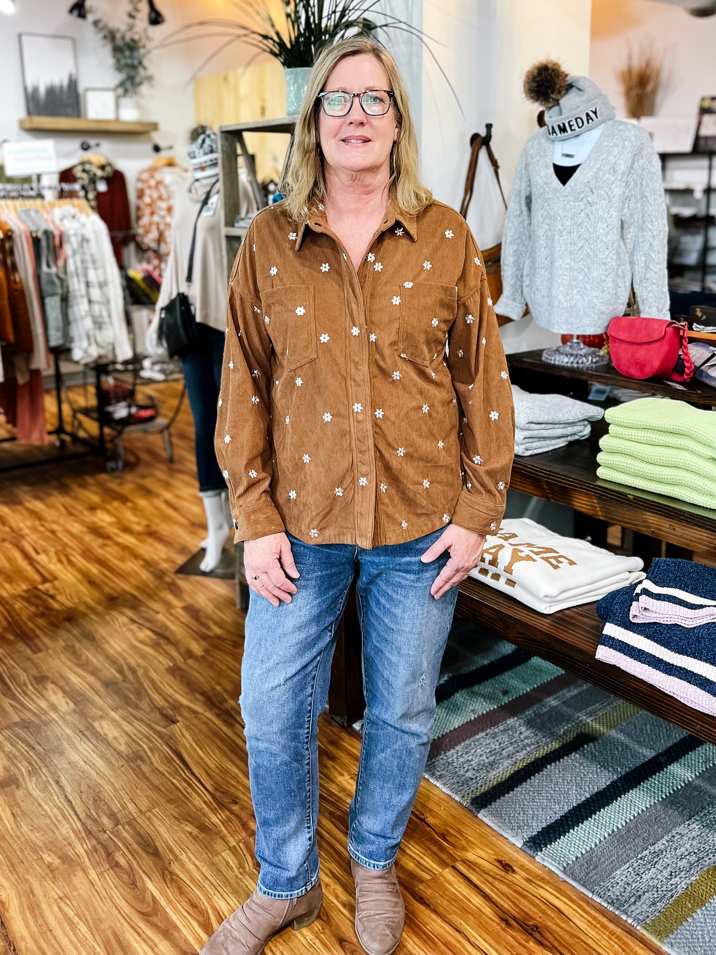 Chocolate Brown Flower Corduroy Shirt