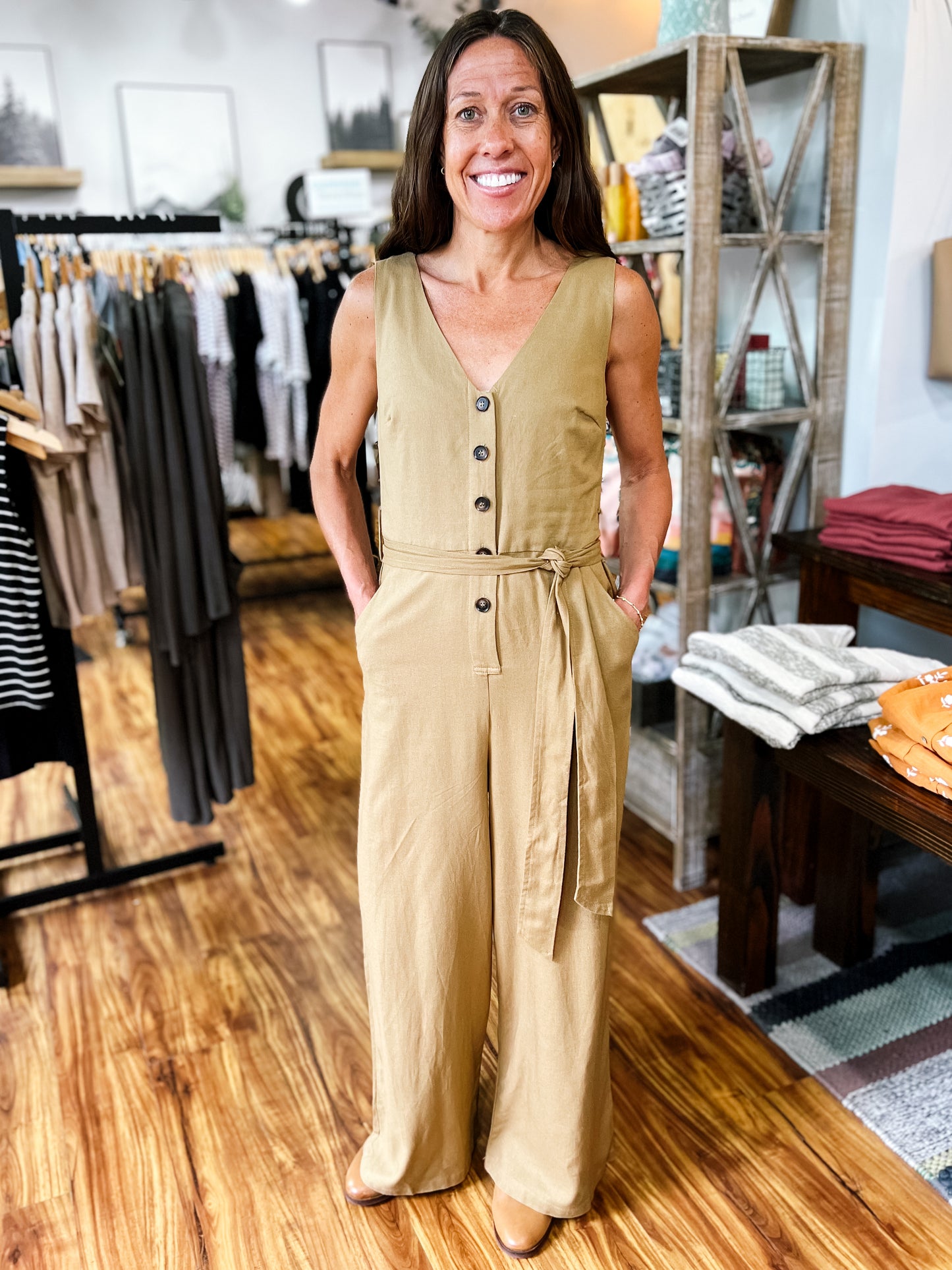 Tan Button Front Jumpsuit