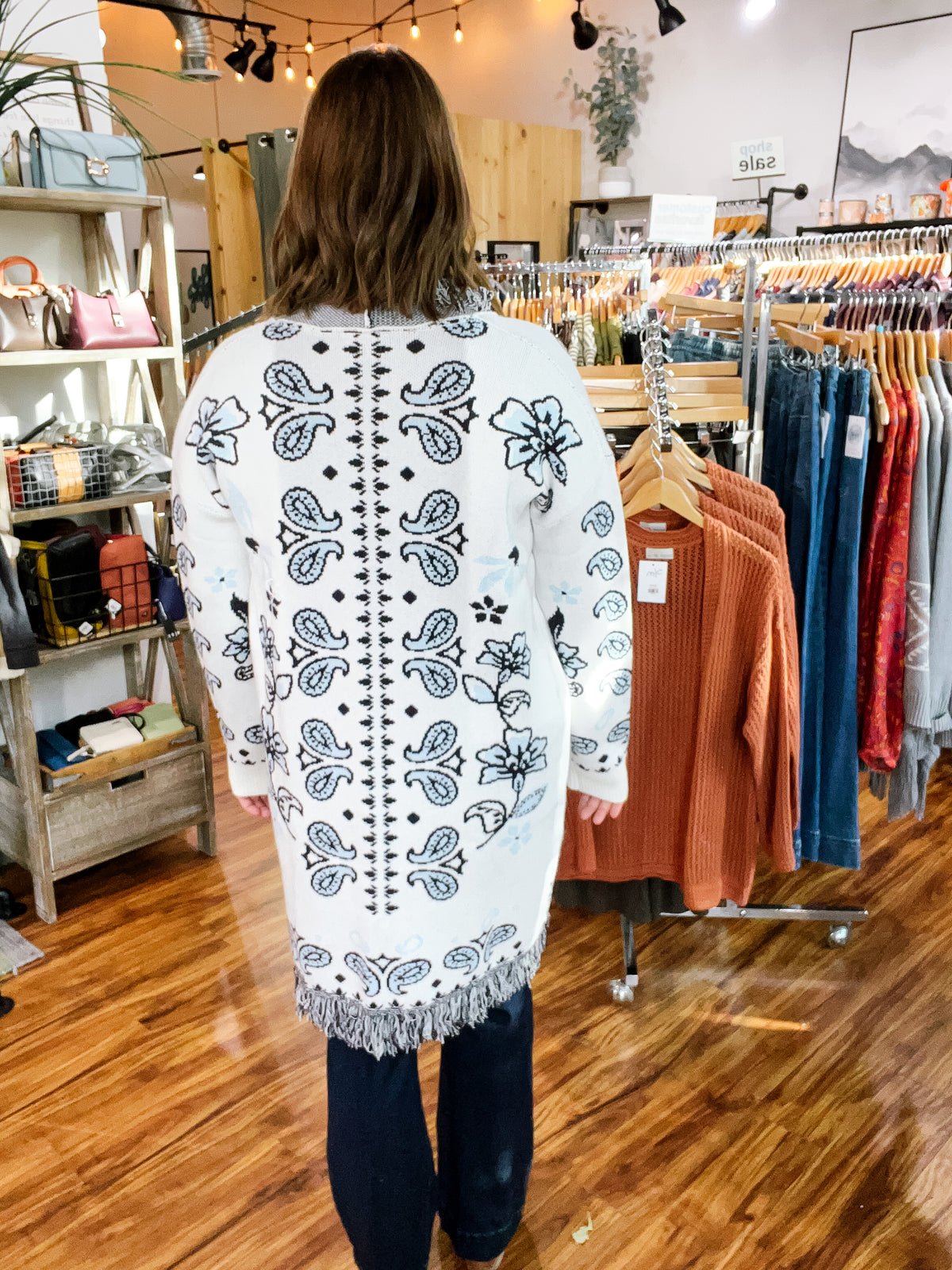 White W/Blue Paisley Open Front Cardigan