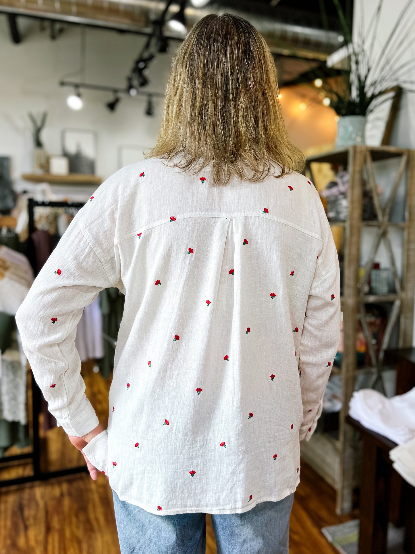 Ivory W/Red Embroidery Flowers Shirt