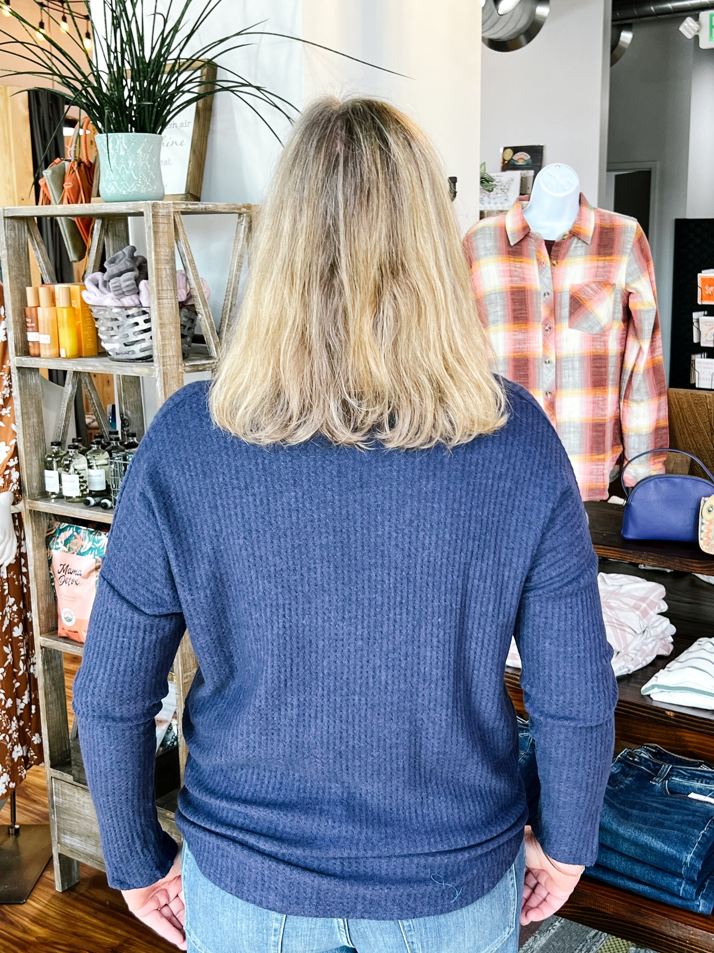 Navy V Neck Long Sleeve Top