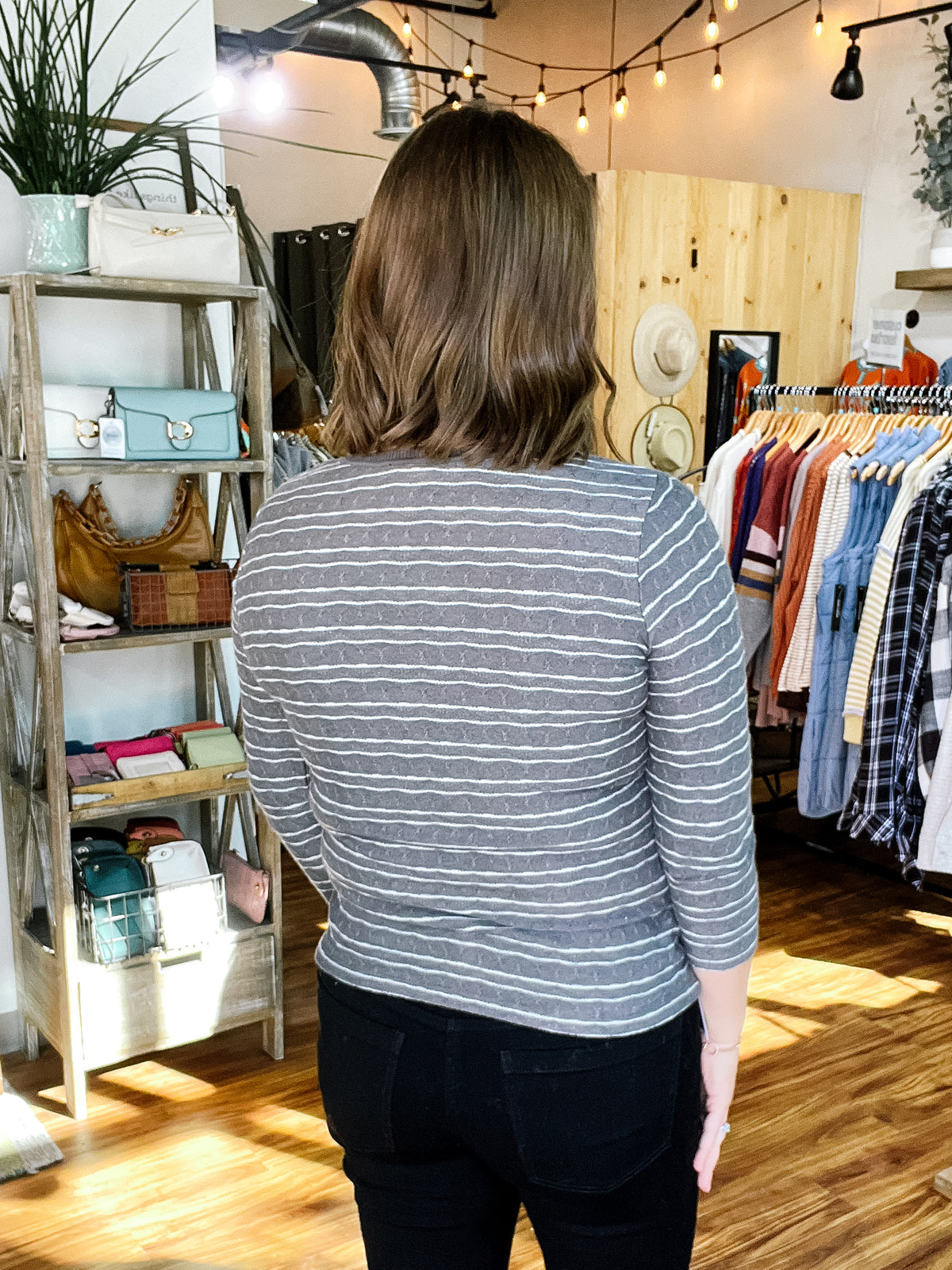 Gray w/ White Stripe Textured Long Sleeve Top