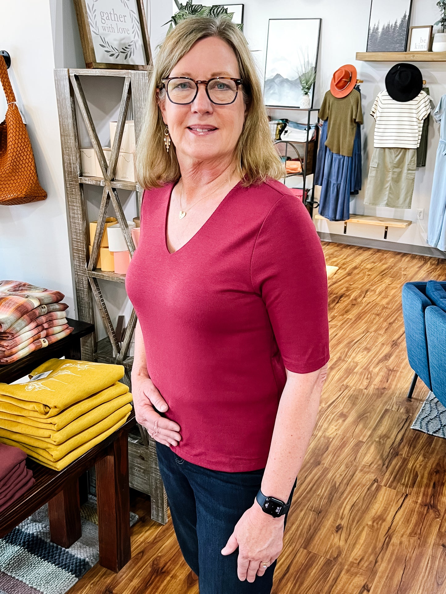 Cherry Double Layered Short Sleeve V Neck