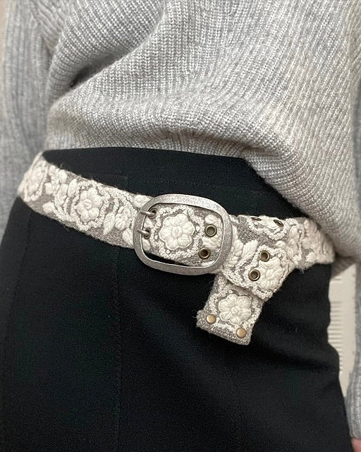 Gray & Cream Floral Embroidered Wool Belt