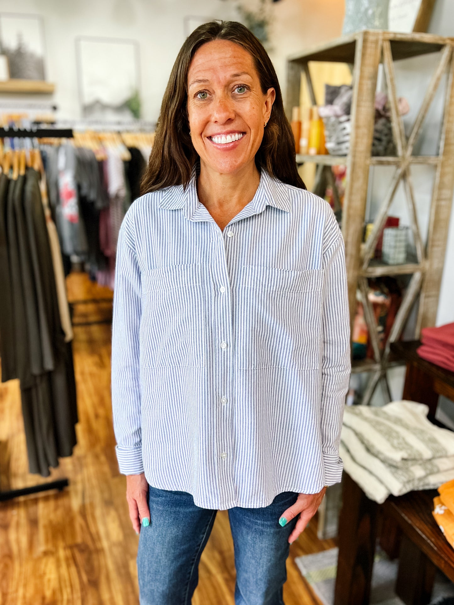 Blue & White Stripe Button Up Shirt