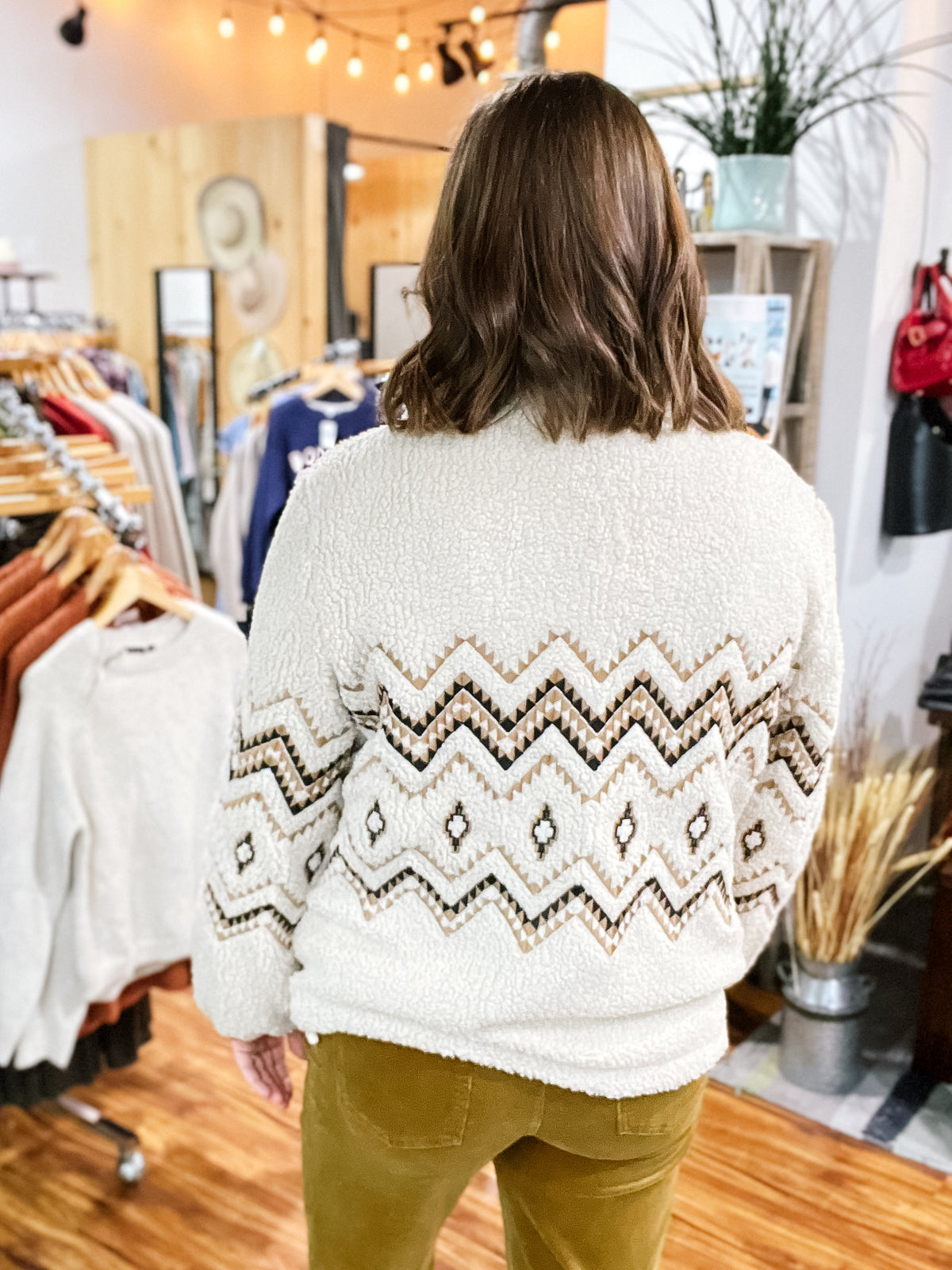 Cream Sherpa Aztec Zipper Front Jacket