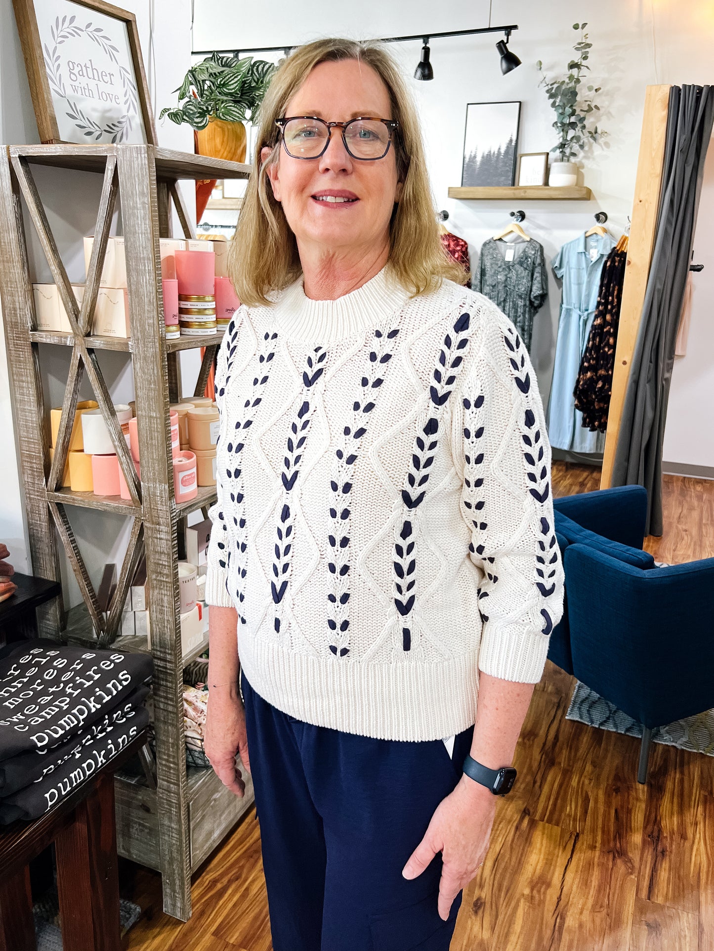 Ivory W/Large Navy Stitching Sweater