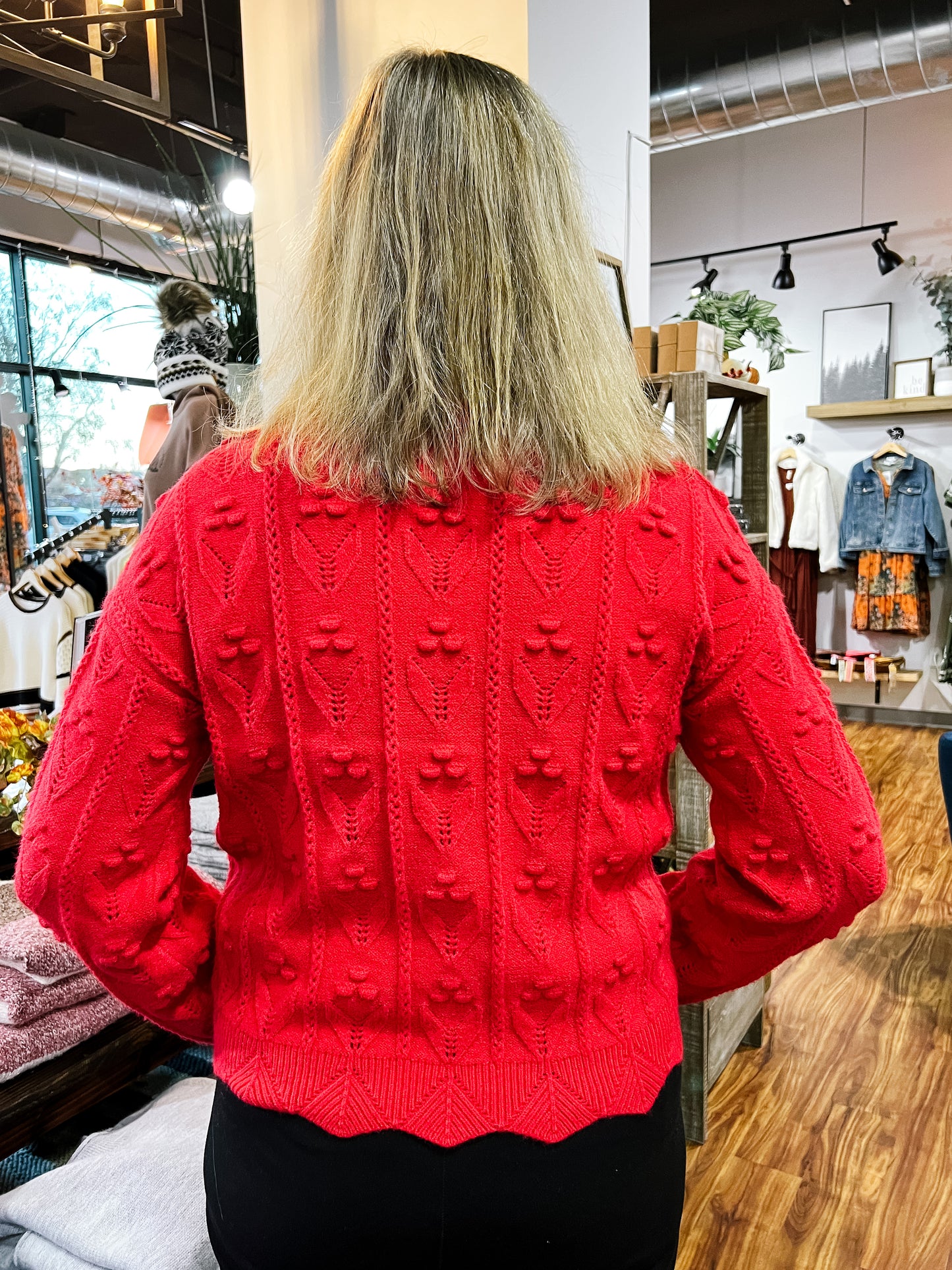 Red Scallop Edge High Neck Sweater