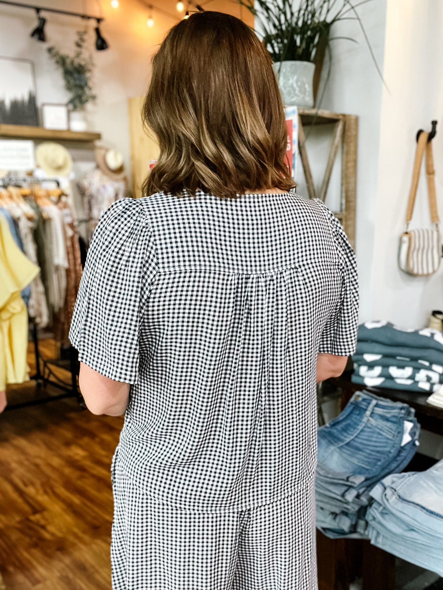 Navy Gingham Button Front Top