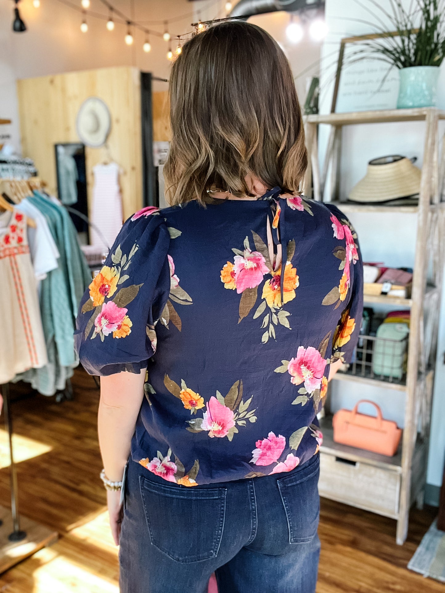 Navy Floral Puff Sleeve Top