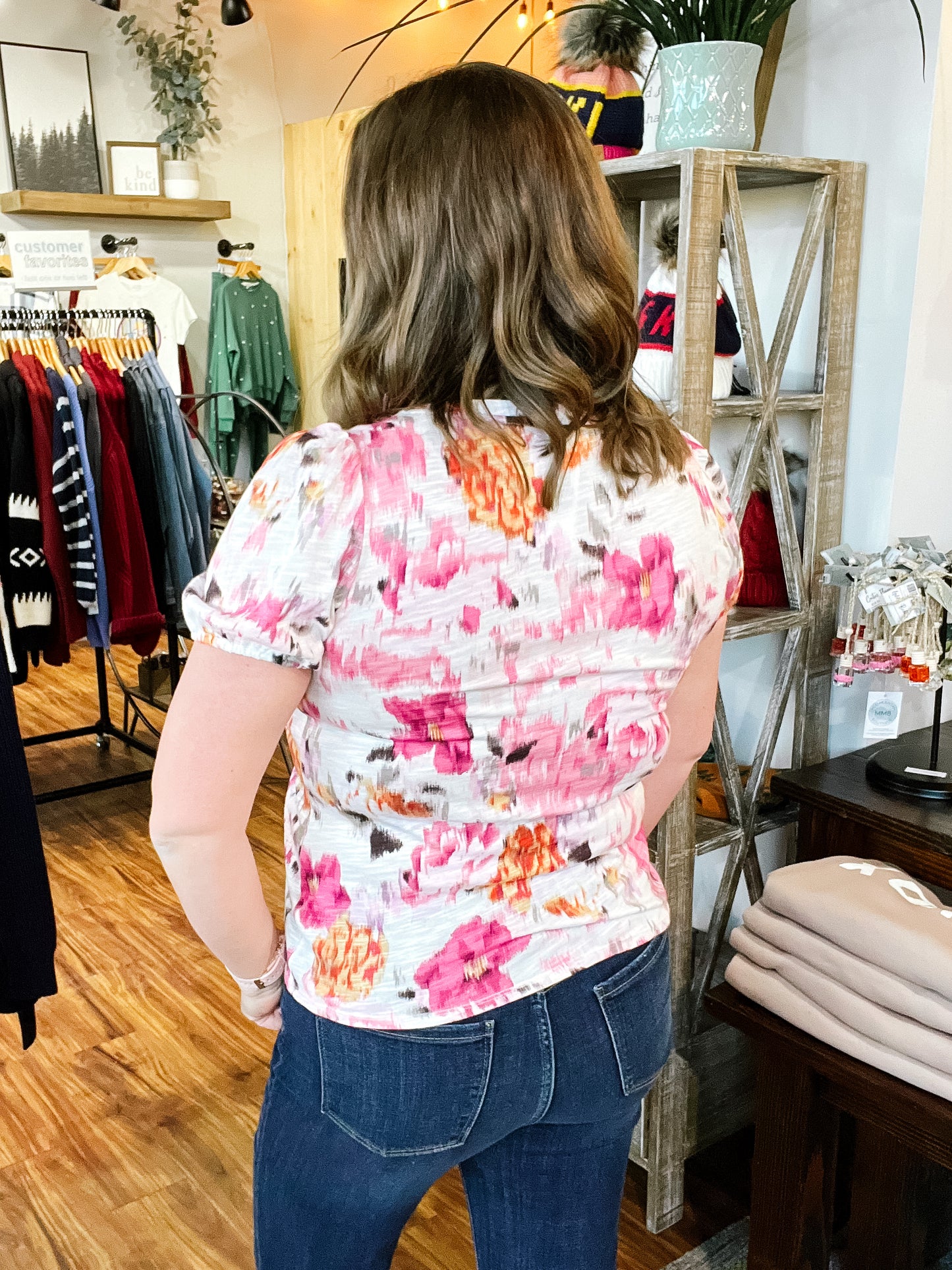 Ivory With Pink Floral Puff Sleeve Top