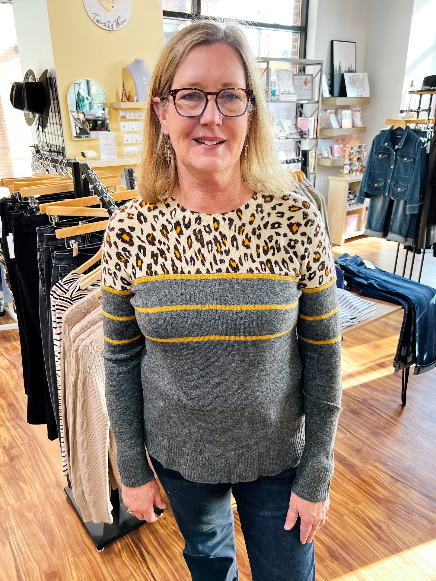 Gray W/Leopard Stripe Sweater