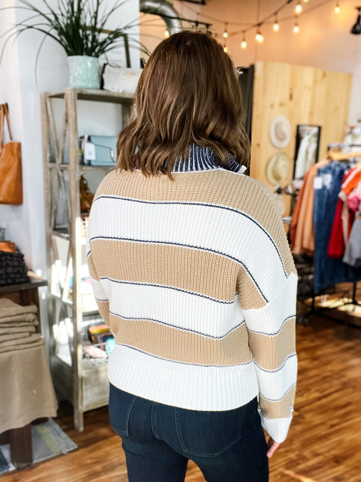 Off White Beige Stripe Half Zip Sweater