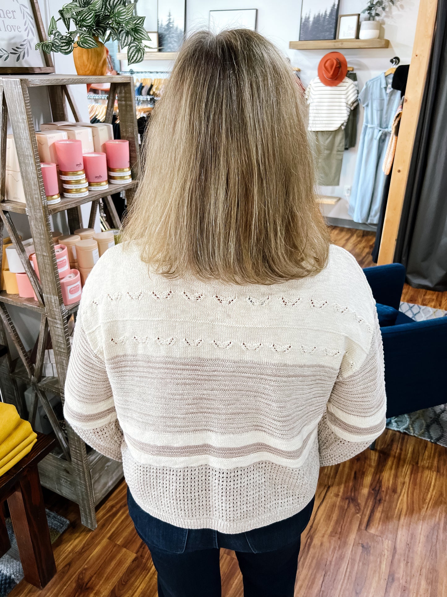 Ivory W/Beige Stripe Boat Neck Sweater