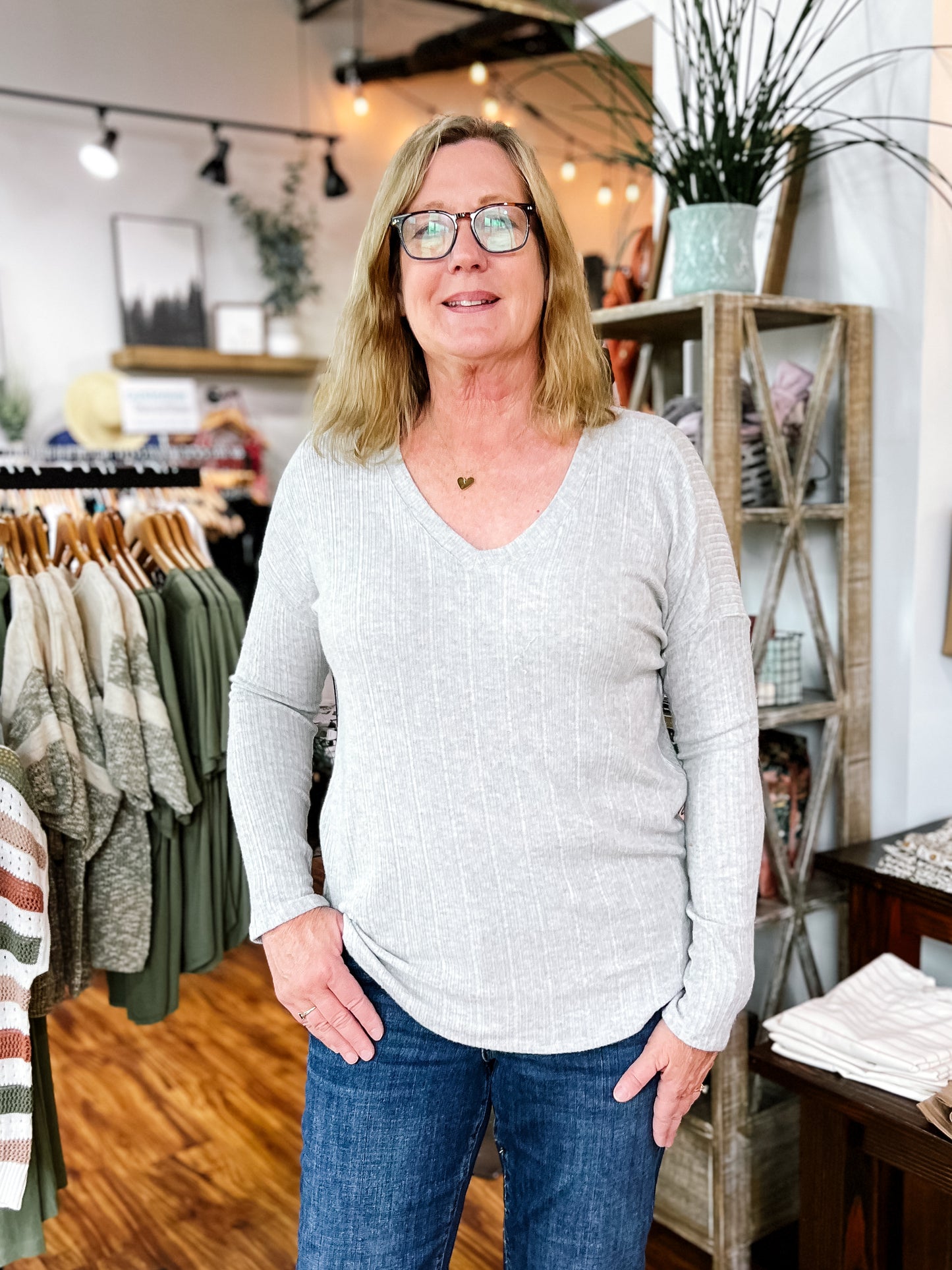 Grey V Neck Ribbed Top