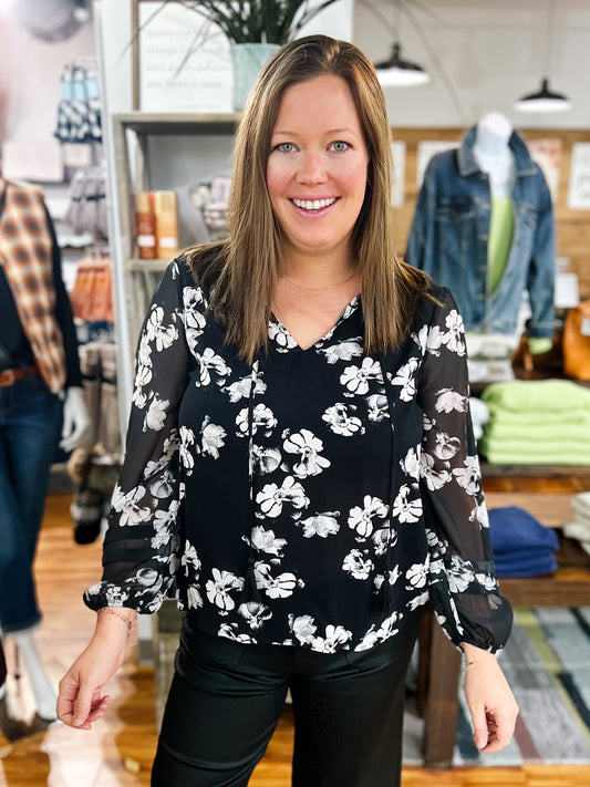 Black & White Floral Long Sleeve Blouse