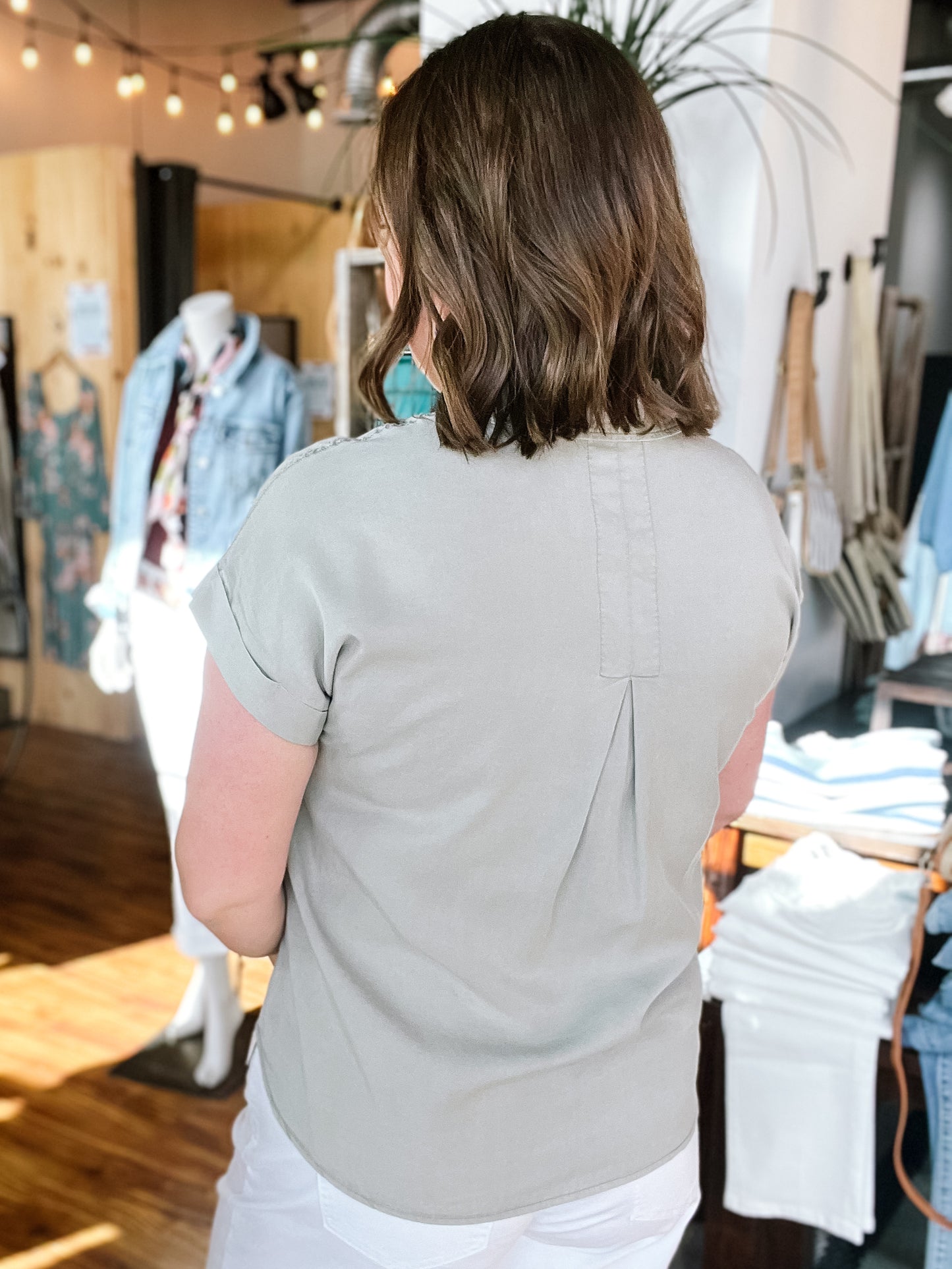 Sage Short Sleeve Button Up Top