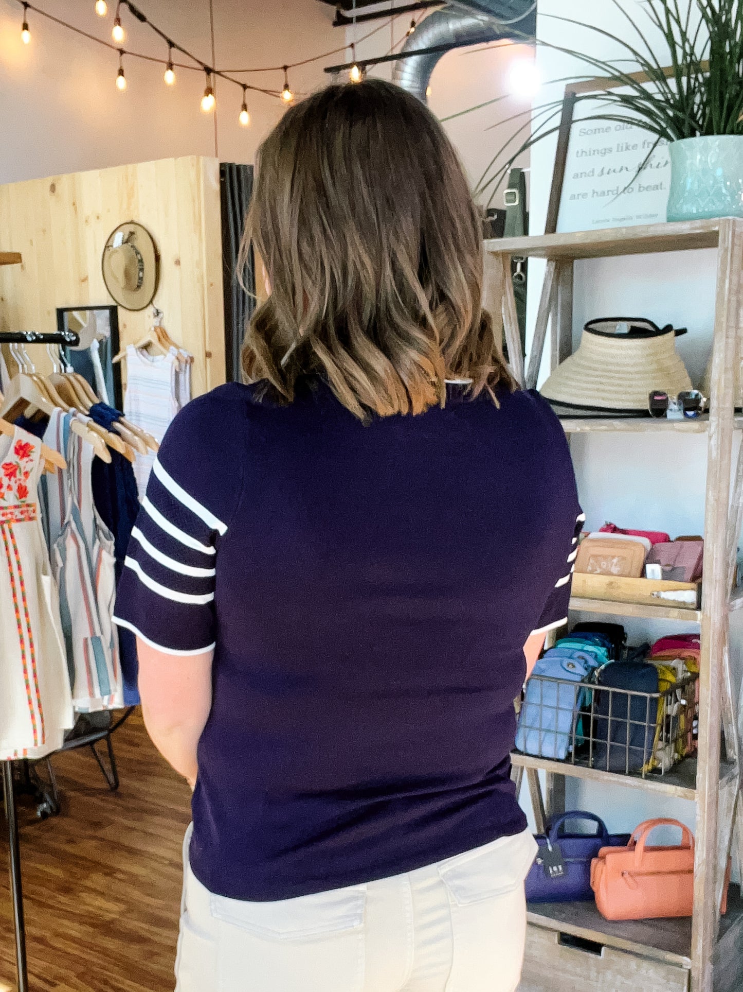 Navy Blue W/White Stripes Short Sleeve Sweater