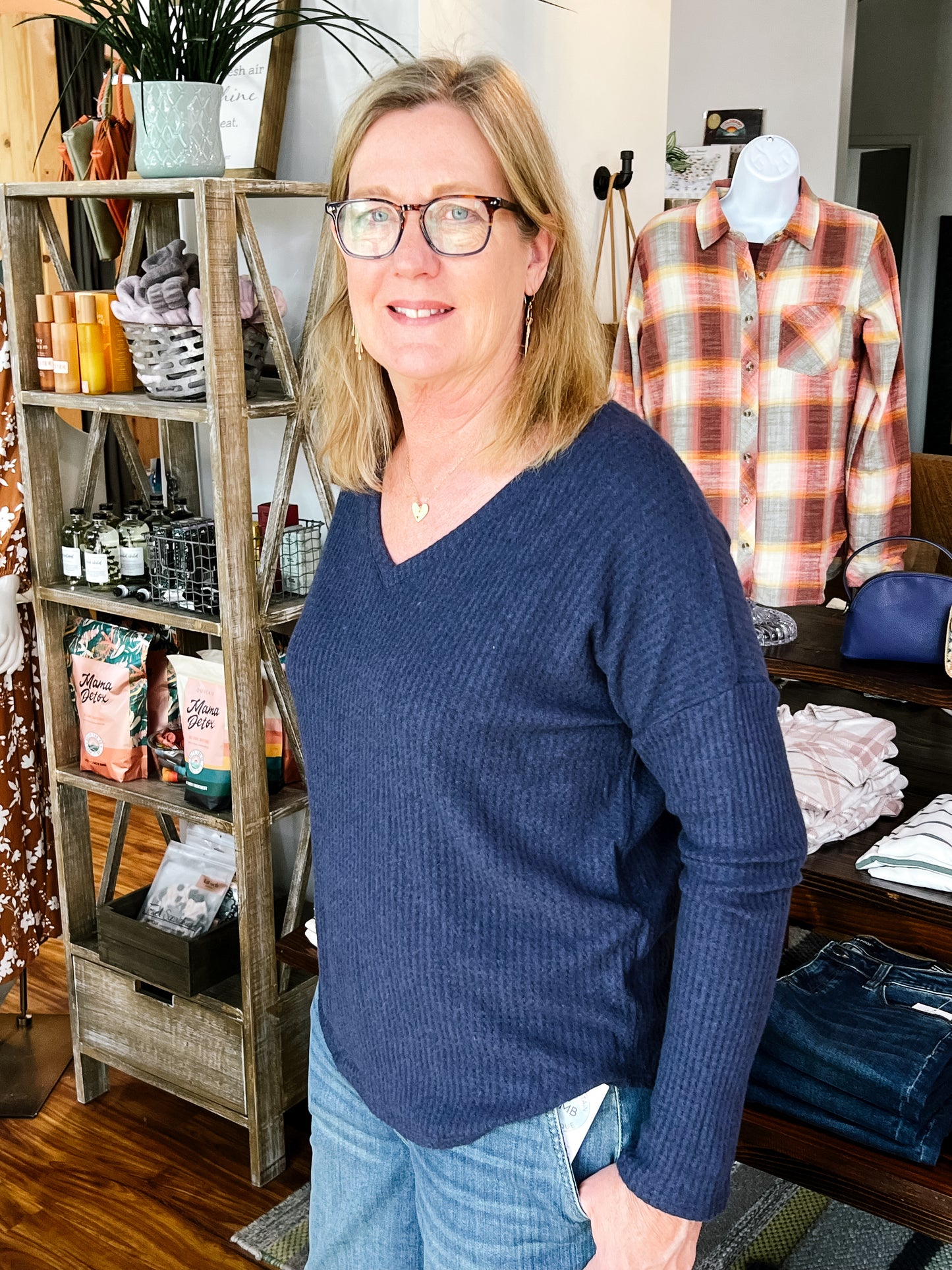 Navy V Neck Long Sleeve Top