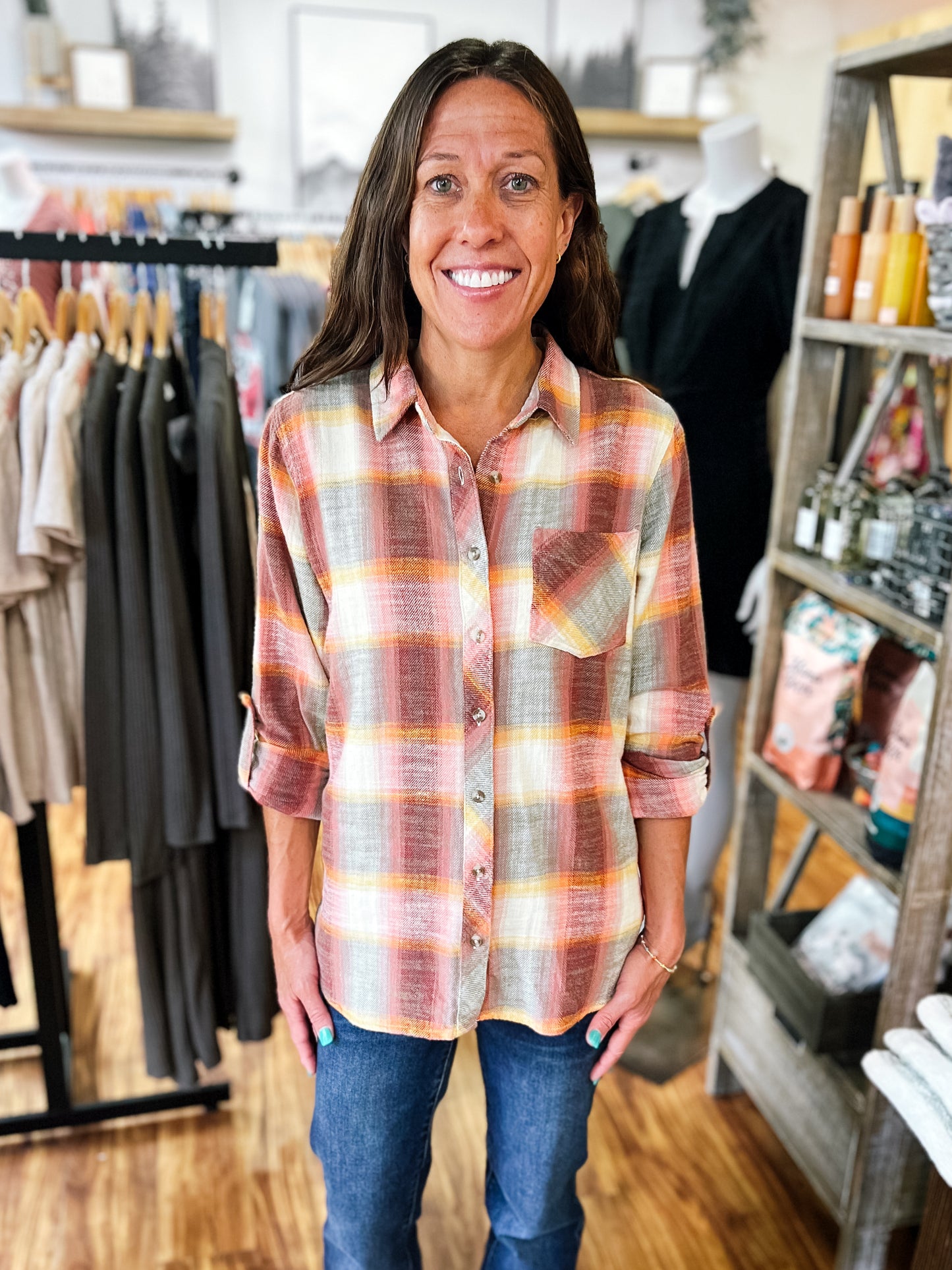 Red And Orange Plaid Flannel Shirt
