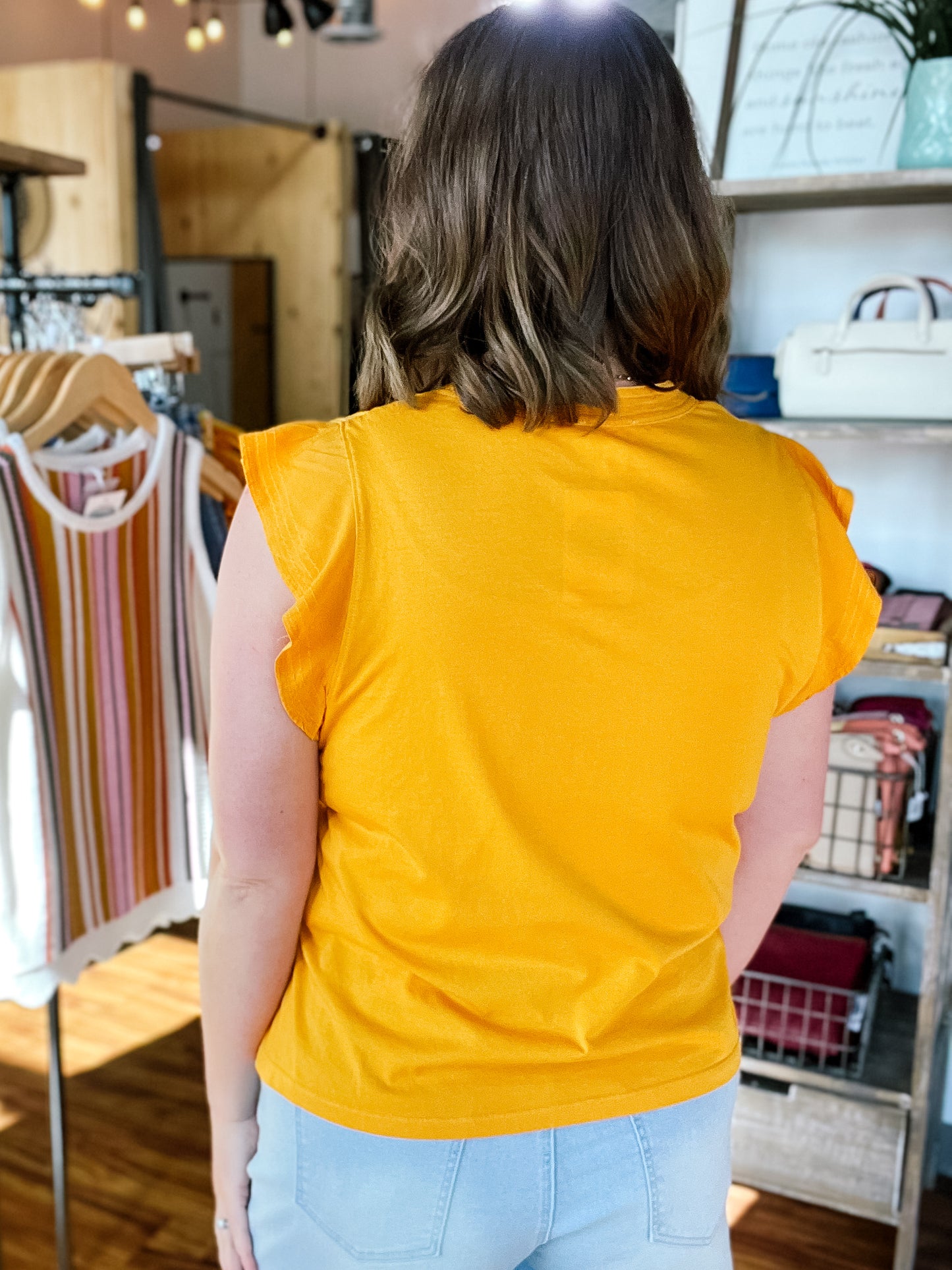 Gold V Neck Ruffle Sleeve Top