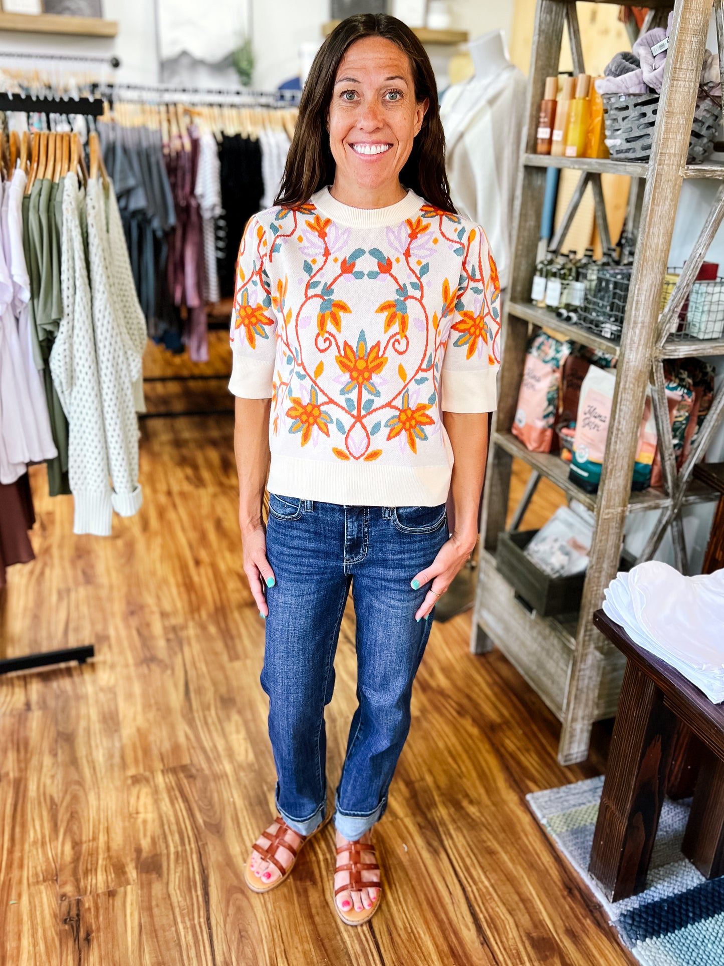 Cream w/ Colorful Floral Print Short Sleeve Sweater