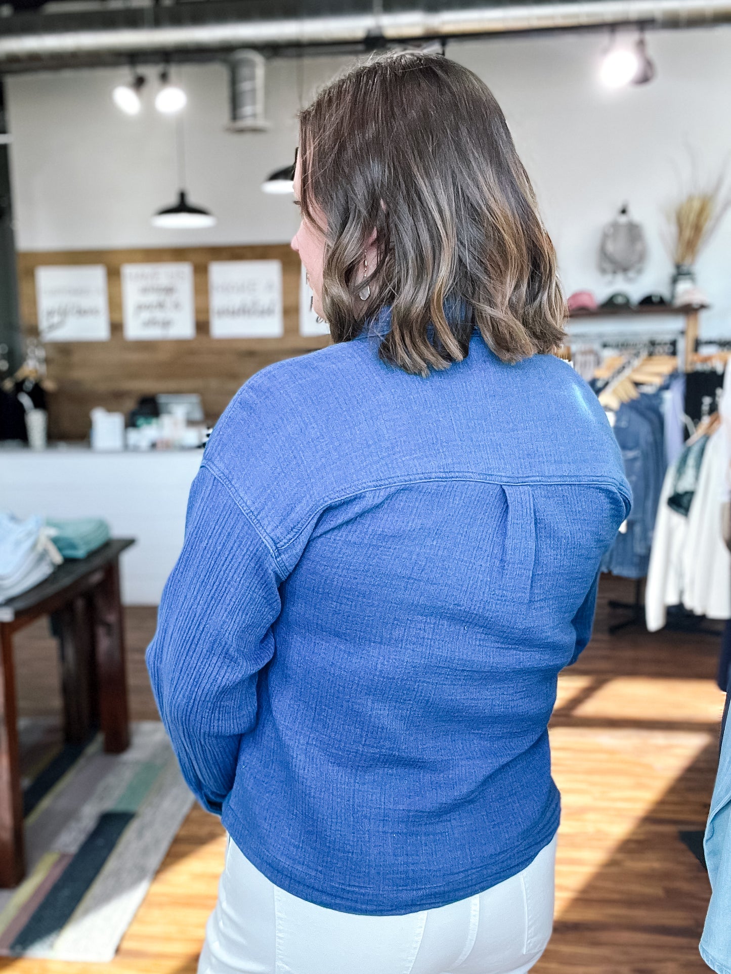Blue Denim Gauze Long Sleeve Top