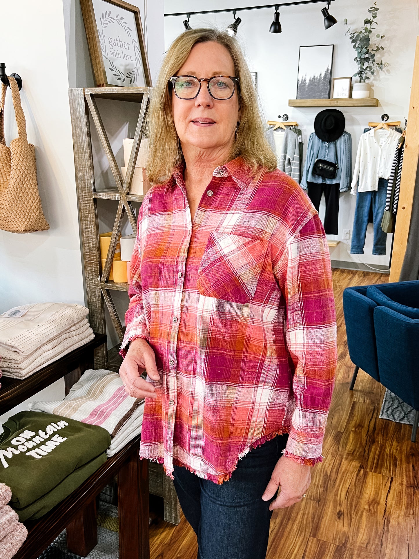 Plum & Rust Plaid Fringe Hem Shirt