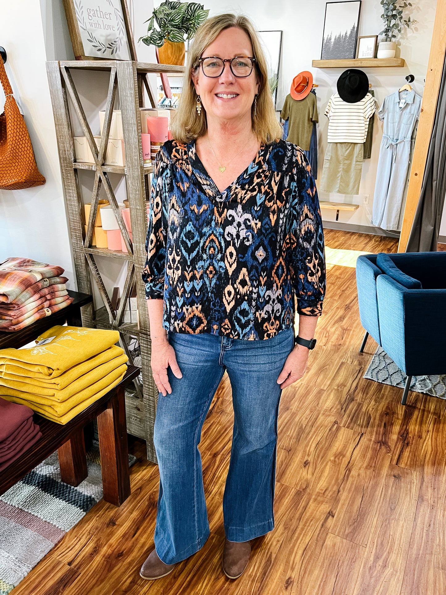 Dark Navy Jacquard Print Popover Blouse