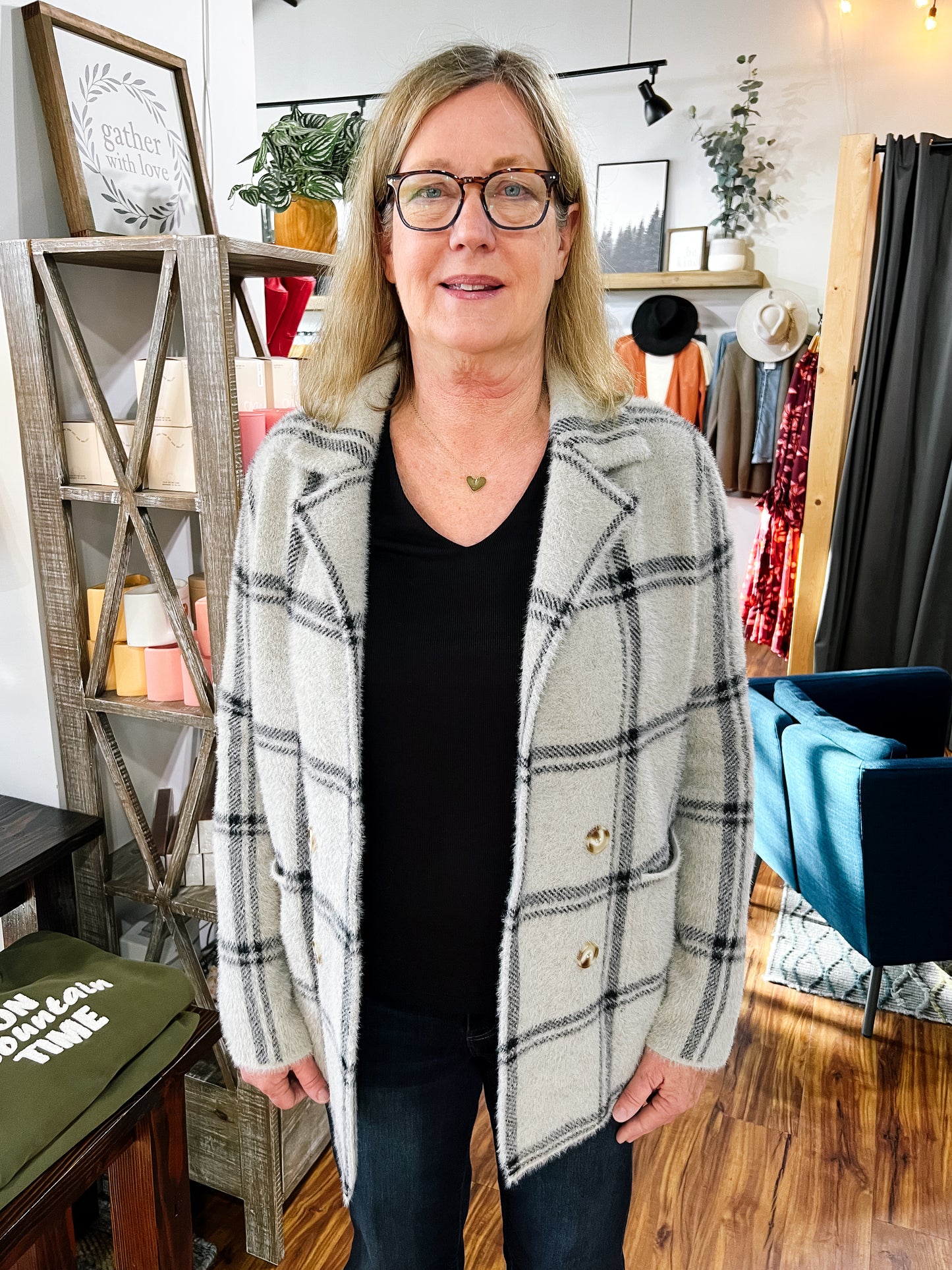 Gray Plaid Open Cardigan