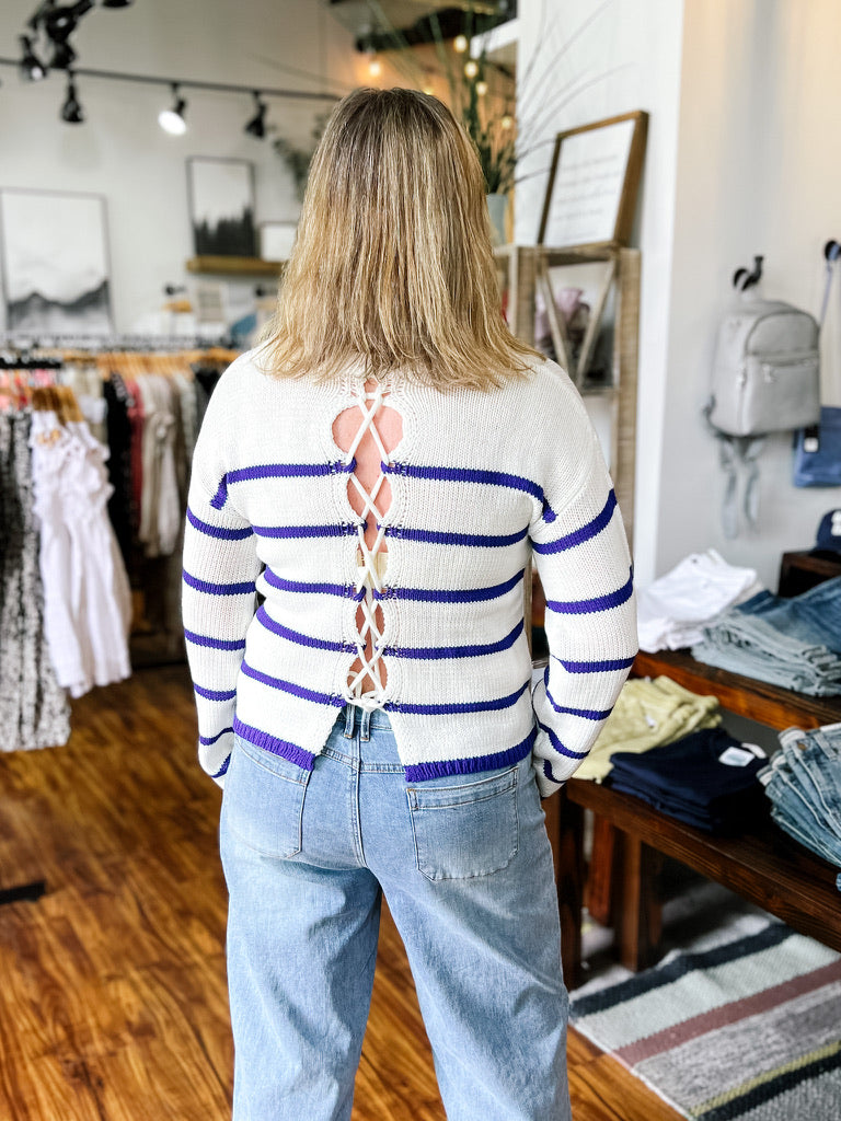 Cream & Blue Stripe Lace Back Sweater