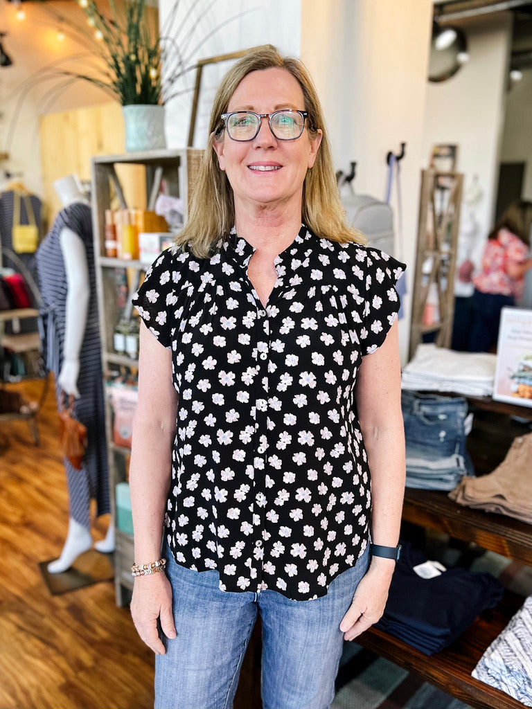 Black Floral Print Flutter Sleeve Top