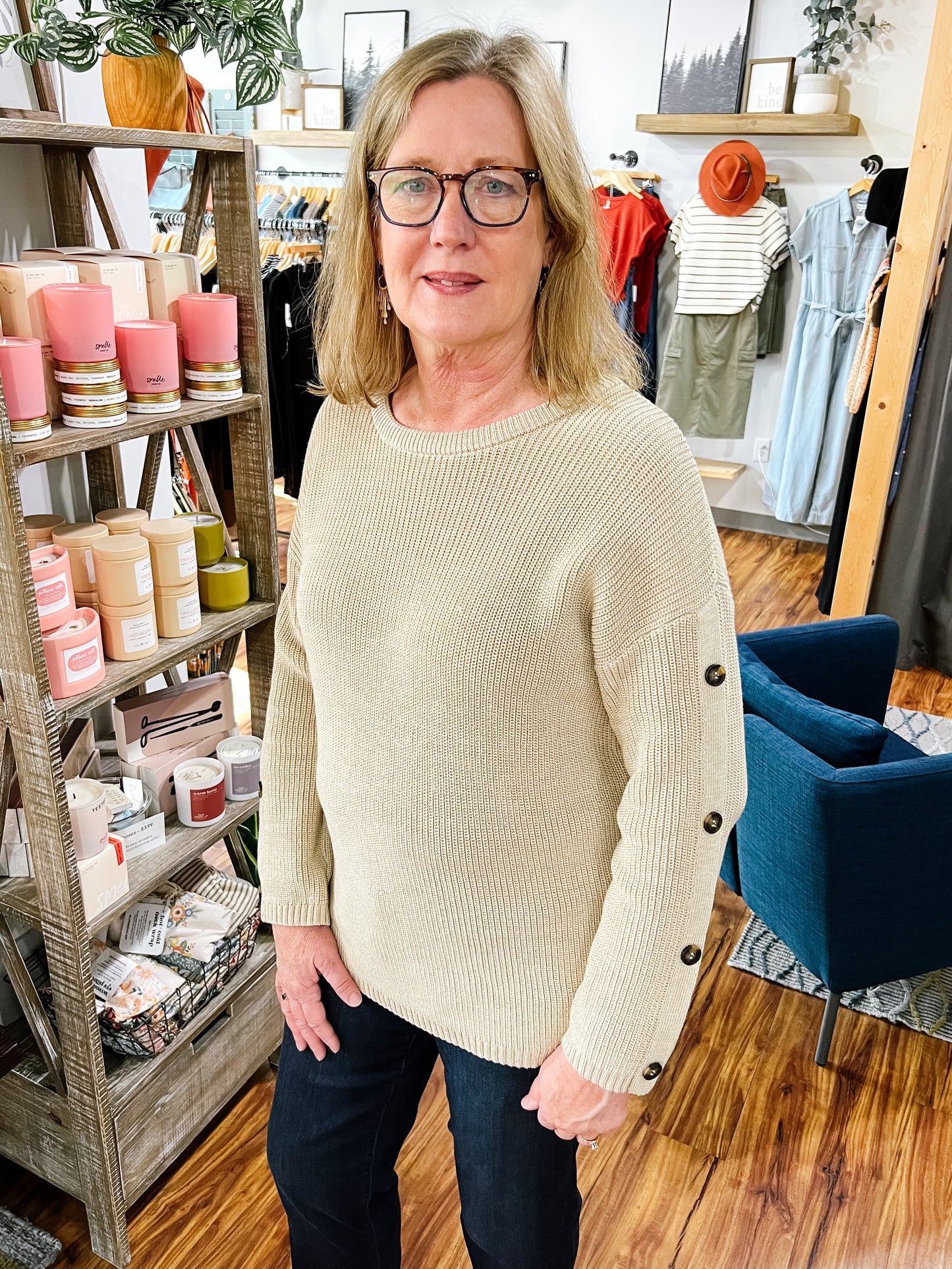 Beige Button Sleeve Sweater