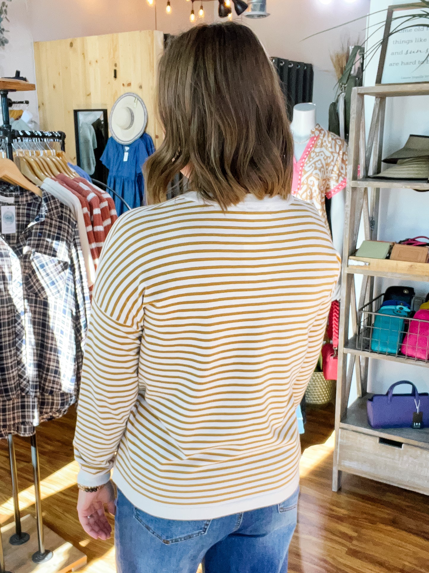 Cream And Camel Striped Crewneck Light Sweater