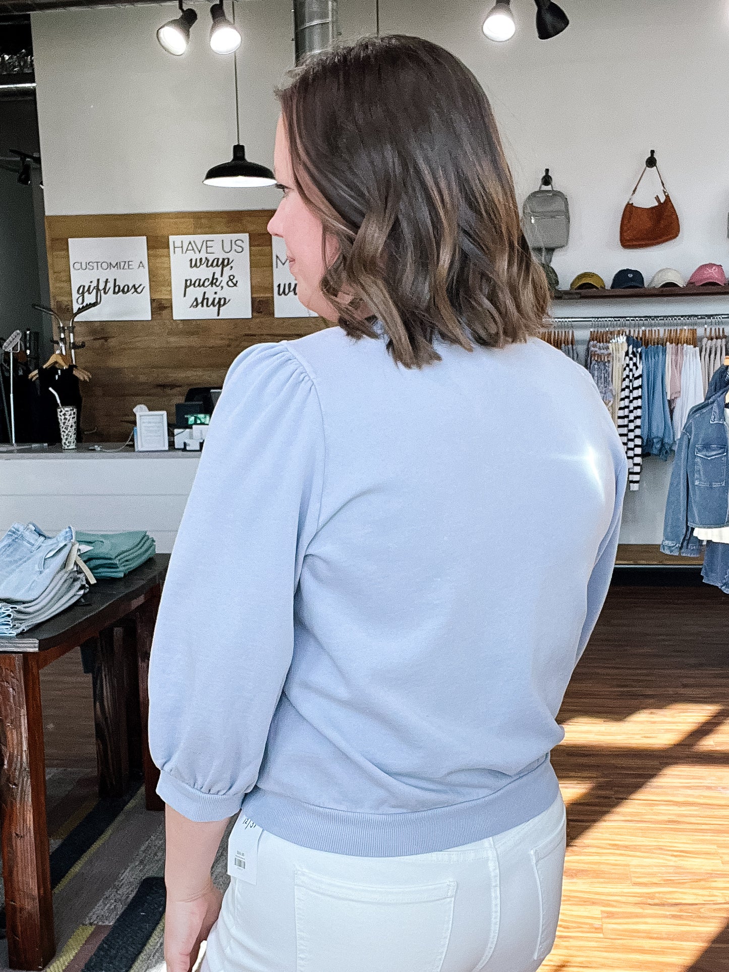 Light Blue Puff Sleeve French Terry Top