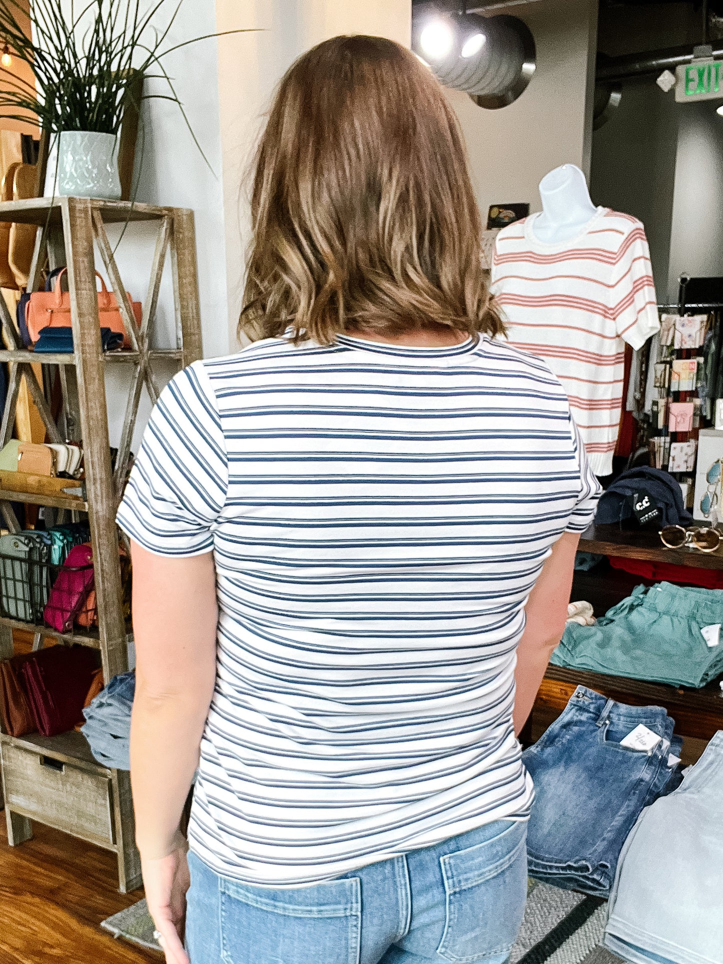 White W/ Navy Stripes Slim Fit Tee