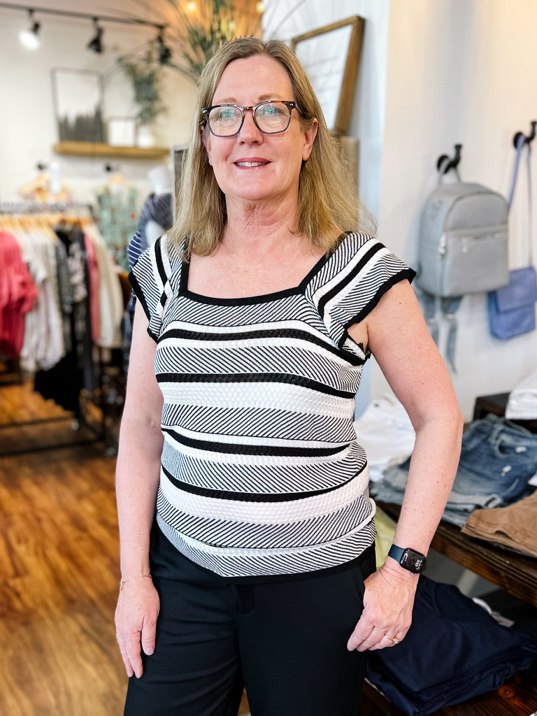 Black W/White Stripe Flutter Sleeve Tank