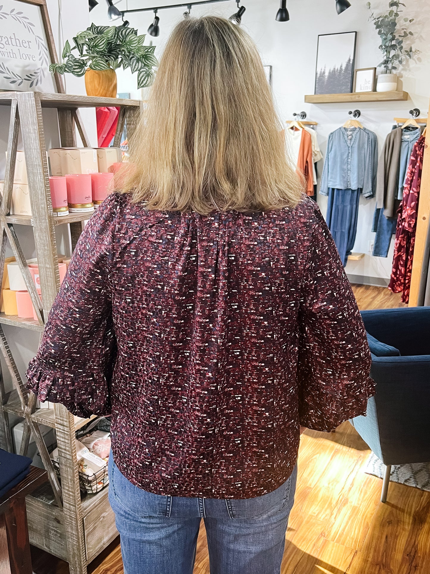 Burgundy Patterned Ruffle Sleeve Blouse