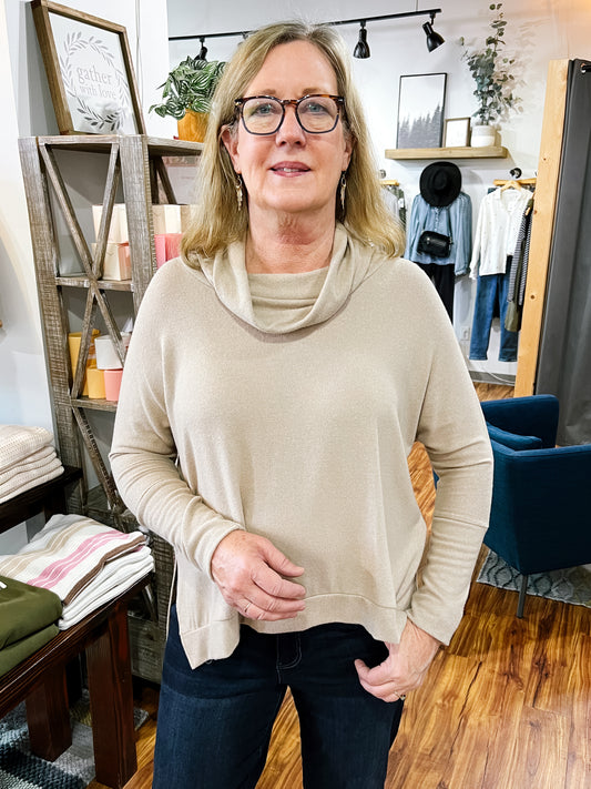Beige Cowl Neck Long Sleeve Top