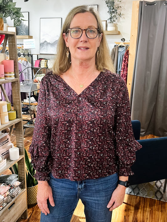 Burgundy Patterned Ruffle Sleeve Blouse